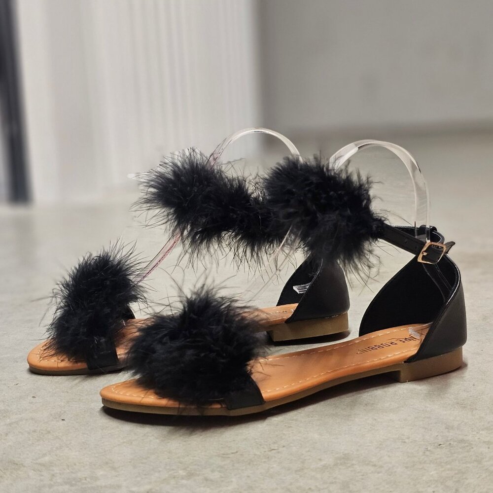 Faux Fur Black Ankle Strap Flat Sandals - Picture 4 of 7